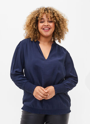 Viskosebluse med lange ærmer og smock, Navy Blazer, Model image number 0
