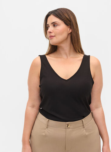 Basis top i rib med v-udskæring, Black, Model image number 0