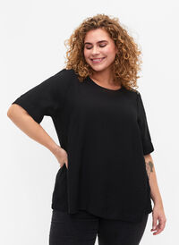 Bluse med halvlange ærmer i viskose, Black, Model