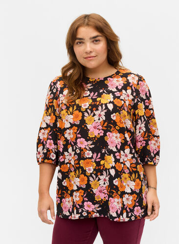 Blomstret viskose bluse med rygdetalje , Black Flower AOP, Model image number 0