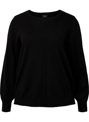 Ensfarvet strikbluse med ribdetaljer, Black, Packshot image number 0
