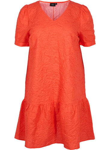 Struktureret kjole med korte pufærmer, Mandarin Red, Packshot image number 0