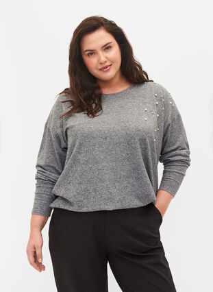 Langærmet bluse med perledetalje, Medium Grey Melange, Model image number 0