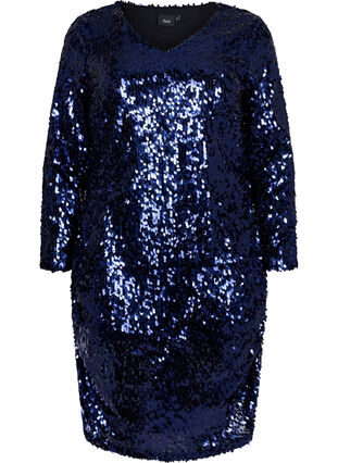 Kjole med pailletter og v-hals, Evening Blue, Packshot image number 0