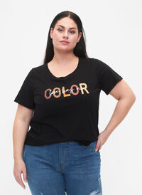 T-shirt i bomuld med print, Black COLOR, Model