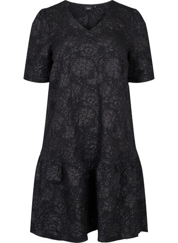 Kortærmet kjole med v-hals og blomstret struktur, Black, Packshot image number 0