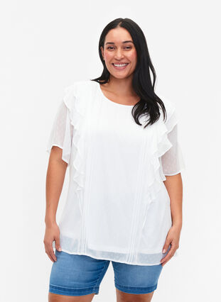 Kortærmet bluse med flæser og prikket mønster, Snow White, Model image number 0
