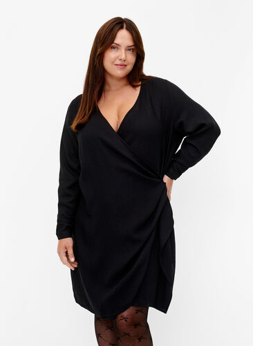 Langærmet kjole i viskose med wrap-look, Black, Model image number 0