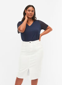 Denim midinederdel med slids, White, Model