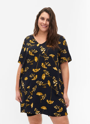 FLASH - Tunika med v-hals og print, Night Sky Yellow AOP, Model image number 0