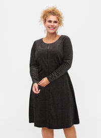 Glitterkjole i velour med lange ærmer, Black Silver Lurex, Model