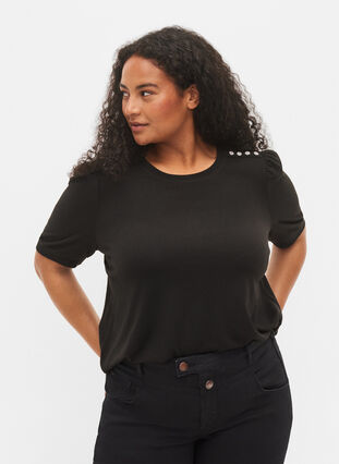 Bluse med korte pufærmer, Black, Model image number 0