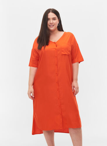 Kortærmet skjortekjole i viskose , Mandarin Red, Model image number 0