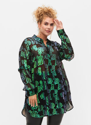 Lang viskoseskjorte med lurex struktur, Black W. Green Lurex, Model image number 0