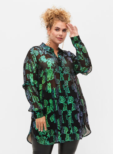 Lang viskoseskjorte med lurex struktur, Black W. Green Lurex, Model image number 0