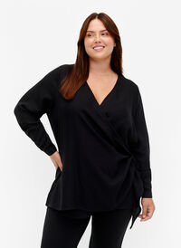 Langærmet bluse i viskose med wrap-look, Black, Model