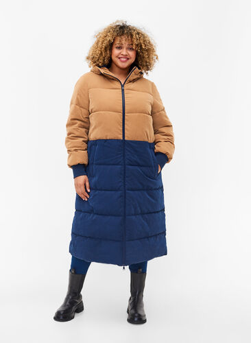 Lang vinterjakke med color-block, Tobacco Brown w/navy, Model image number 0