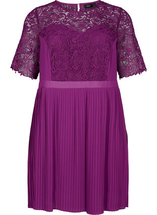Kortærmet kjole med blondeoverdel, Grape Juice, Packshot image number 0