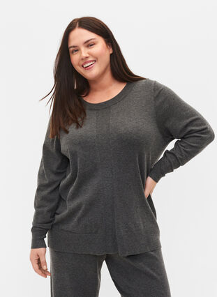 Meleret strikbluse med rund halsudskæring, Dark Grey Melange, Model image number 0