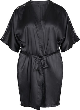 Morgenkåbe med blonder, Black, Packshot image number 0
