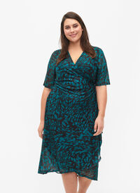 Printet midikjole med wrap, Black Green AOP, Model