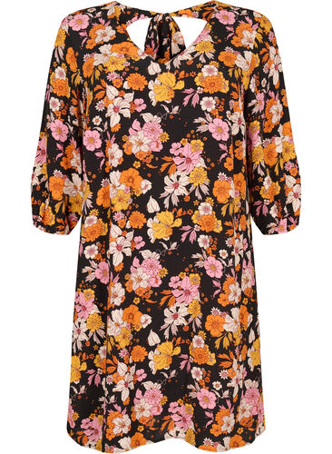 Blomstret viskose kjole med 3/4 ærmer, Black Flower AOP, Packshot image number 0