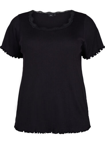 Kortærmet natbluse med blondekant, Black, Packshot image number 0