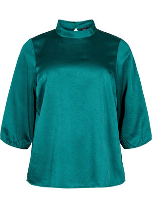 Bluse med 3/4 ærmer og kinakrave, Evergreen, Packshot image number 0