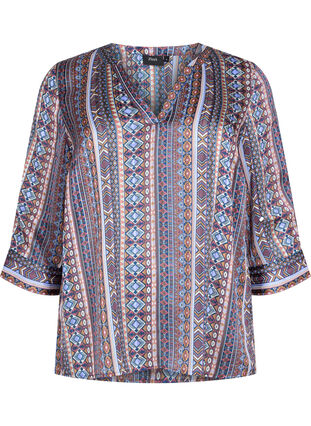 Bluse med print og 3/4 ærmer , Brown Blue Ethnic, Packshot image number 0