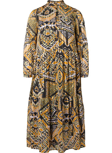 Printet midikjole med knapper, Yellow Aztec AOP, Packshot image number 0