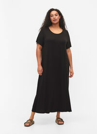 Viskose midikjole med korte ærmer, Black, Model