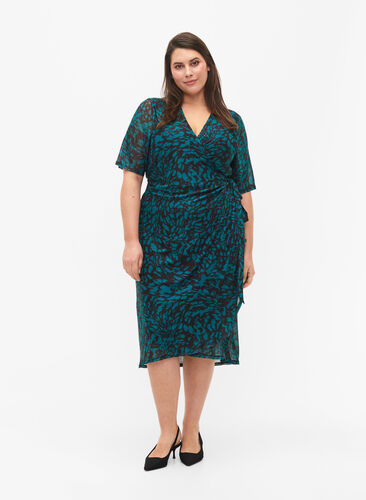 Printet midikjole med wrap, Black Green AOP, Model image number 2