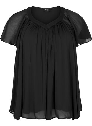 Ensfarvet bluse med flagermusærmer og v-hals, Black, Packshot image number 0