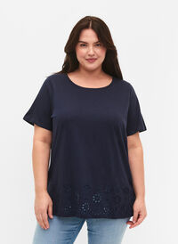 T-shirt i bomuld med broderi anglaise, Navy Blazer, Model