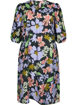 Blomstret viskose midikjole med 3/4 ærmer, Purple Green Flower, Packshot image number 0