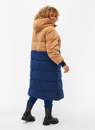 Lang vinterjakke med color-block, Tobacco Brown w/navy, Model image number 1