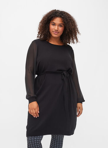 Strikket kjole med transparente ærmer, Black, Model image number 0