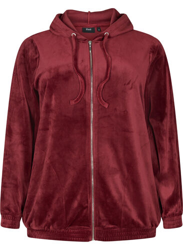 Velour cardigan med lynlås og hætte, Cabernet, Packshot image number 0