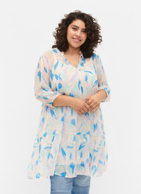 Tunika med blomsterprint og lurex, White/Pastel Leaf, Model