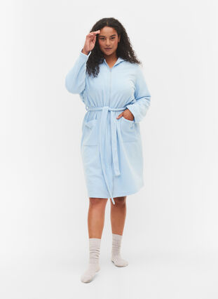 Morgenkåbe med lynlås og hætte, Cashmere Blue, Model image number 2