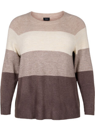 Strikbluse med rund hals og striber, Iron Mel. Comb, Packshot image number 0