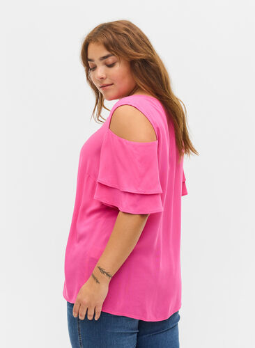 Kortærmet bluse i viskose, Fuchsia Purple, Model image number 1