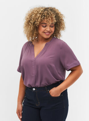 Kortærmet bluse med v-udskæring, Vintage Violet, Model image number 0