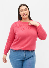Strikbluse med blomsterdetalje, Hot Pink, Model