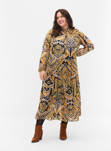 Printet midikjole med knapper, Yellow Aztec AOP, Model image number 0