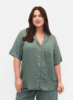 Viskose skjorte med korte ærmer, Balsam Green, Model image number 0