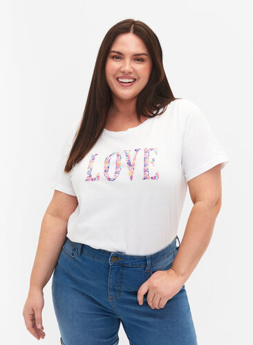 Bomulds t-shirt med rund hals og tryk, Bright White W. Love, Model image number 0