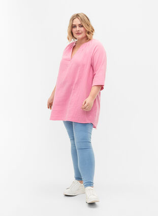 3/4 ærmet tunika i bomuld, Rosebloom, Model image number 2