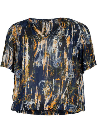 Kortærmet bluse i viskose med smock, Navy Blazer AOP, Packshot image number 0