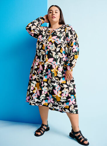 Midikjole med lange ærmer, Black Multi Flower, Image image number 0